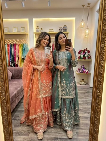 Orange Zmy Chu Silk Sharara Set with Embroidery Sequins Work for Festive Wear Ready To Wear Collection