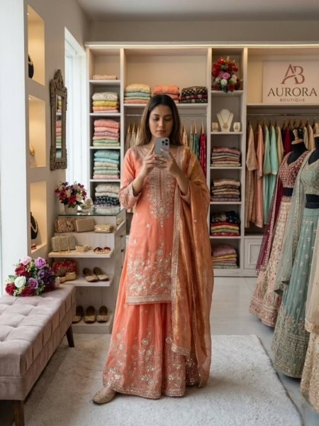 Orange Zmy Chu Silk Sharara Set with Embroidery Sequins Work for Festive Wear Ready To Wear Collection