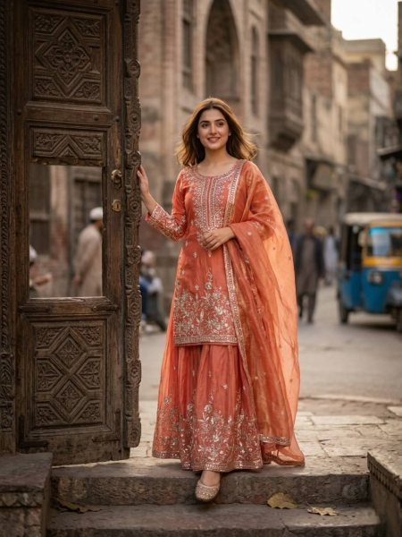 Orange Zmy Chu Silk Sharara Set with Embroidery Sequins Work for Festive Wear Ready To Wear Collection