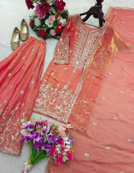 Orange Zmy Chu Silk Sharara Set with Embroidery Sequins Work for Festive Wear Ready To Wear Collection