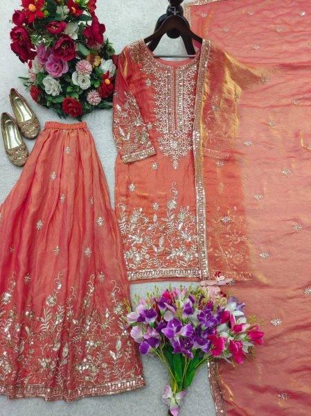 Orange Zmy Chu Silk Sharara Set with Embroidery Sequins Work for Festive Wear Ready To Wear Collection