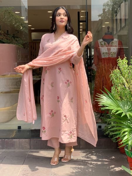 Organic Baby Pink Embroidered Kurti Set with P V  Chanderi Fabric for Ethnic Collection 3 Piece Kurti Set