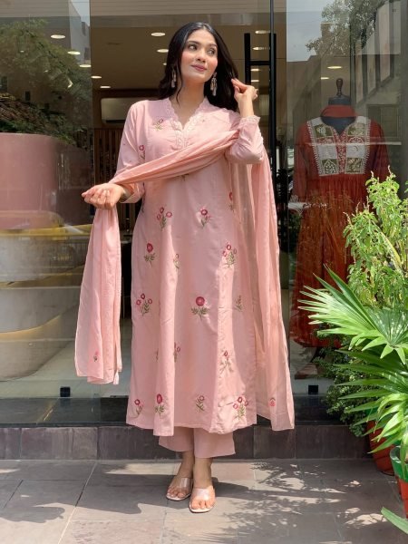 Organic Baby Pink Embroidered Kurti Set with P V  Chanderi Fabric for Ethnic Collection 3 Piece Kurti Set