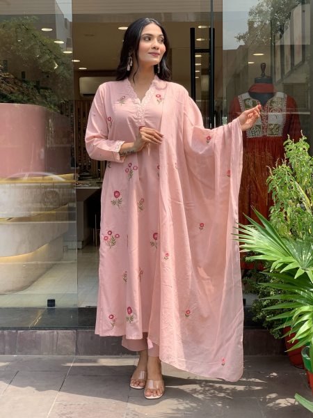Organic Baby Pink Embroidered Kurti Set with P V  Chanderi Fabric for Ethnic Collection 3 Piece Kurti Set