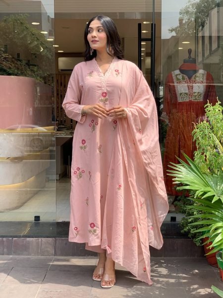Organic Baby Pink Embroidered Kurti Set with P V  Chanderi Fabric for Ethnic Collection 3 Piece Kurti Set
