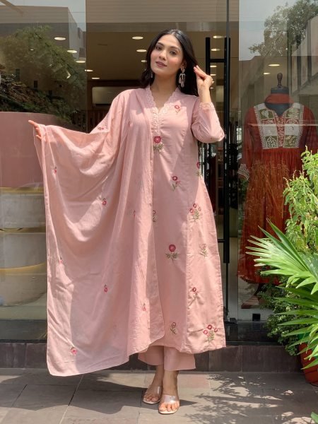 Organic Baby Pink Embroidered Kurti Set with P V  Chanderi Fabric for Ethnic Collection 3 Piece Kurti Set