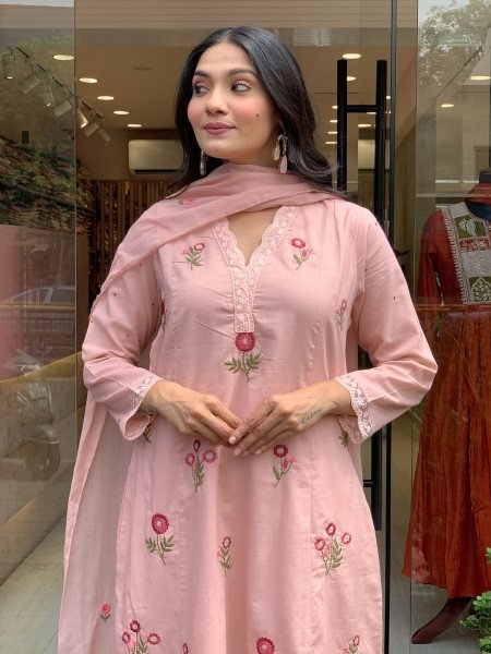 Organic Baby Pink Embroidered Kurti Set with P V  Chanderi Fabric for Ethnic Collection 3 Piece Kurti Set