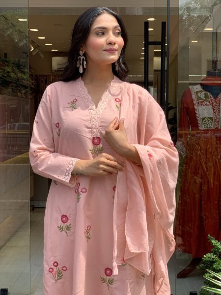 Organic Baby Pink Embroidered Kurti Set with P V  Chanderi Fabric for Ethnic Collection 3 Piece Kurti Set