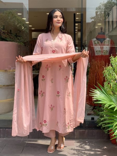 Organic Baby Pink Embroidered Kurti Set with P V  Chanderi Fabric for Ethnic Collection 3 Piece Kurti Set