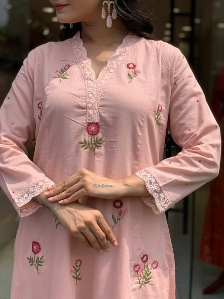 Organic Baby Pink Embroidered Kurti Set with P V  Chanderi Fabric for Ethnic Collection 3 Piece Kurti Set