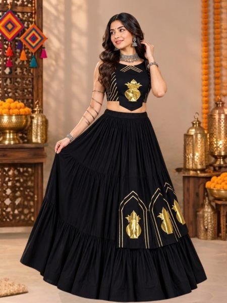 Organic Black Designer Pure Rayon Lehenga Choli with Gota Patti Blouse for Navratri Wear 