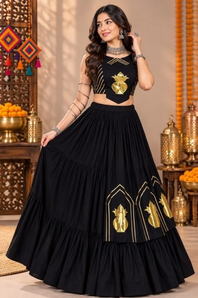 Organic Black Designer Pure Rayon Lehenga Choli with Gota Patti Blouse for Navratri Wear Navratri Lehnega Choli