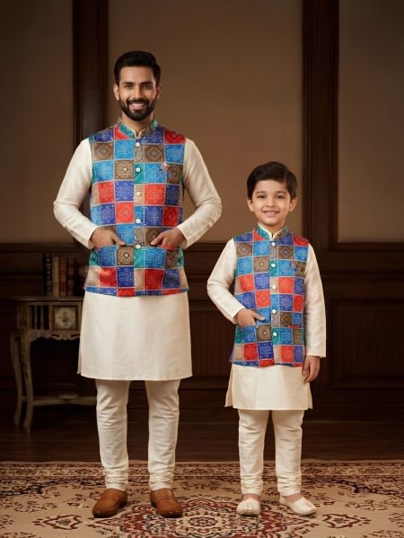 Organic Blue Crem Matching Father Son Malai Satin Kurta Koti Pyjama Set 