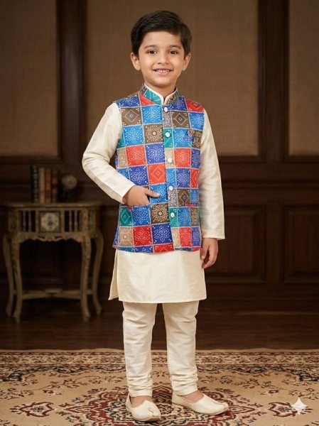 Organic Blue Crem Matching Father Son Malai Satin Kurta Koti Pyjama Set Father Son Collection 