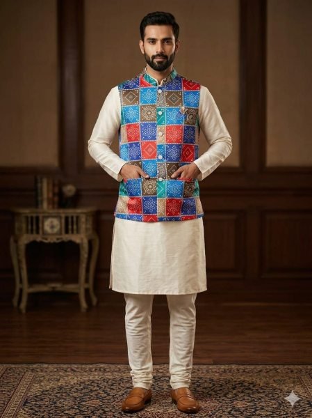 Organic Blue Crem Matching Father Son Malai Satin Kurta Koti Pyjama Set Father Son Collection 