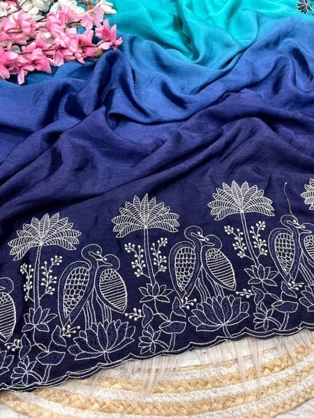 Organic Blue Designer Chinnon Saree with Bird Embroidery and Unstitched Blouse Embroidery Sarees Wholesale