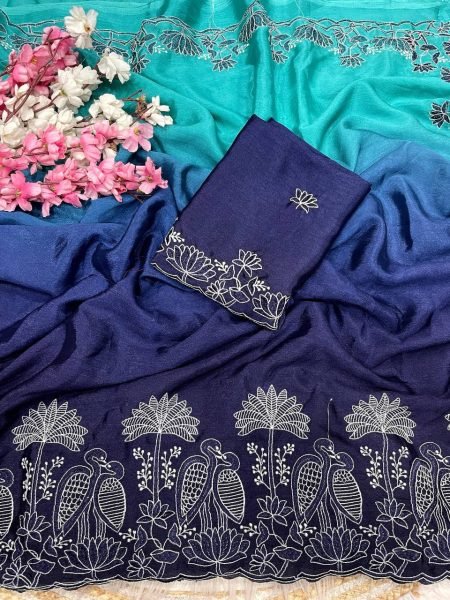 Organic Blue Designer Chinnon Saree with Bird Embroidery and Unstitched Blouse Embroidery Sarees Wholesale