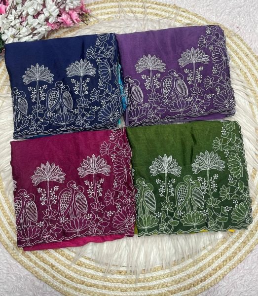 Organic Blue Designer Chinnon Saree with Bird Embroidery and Unstitched Blouse Embroidery Sarees Wholesale
