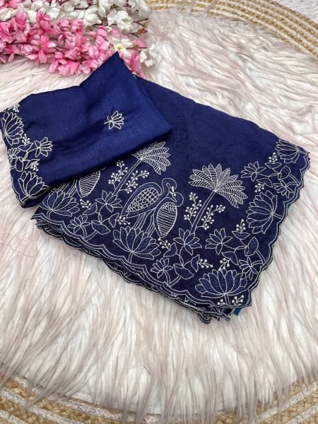 Organic Blue Designer Chinnon Saree with Bird Embroidery and Unstitched Blouse Embroidery Sarees Wholesale