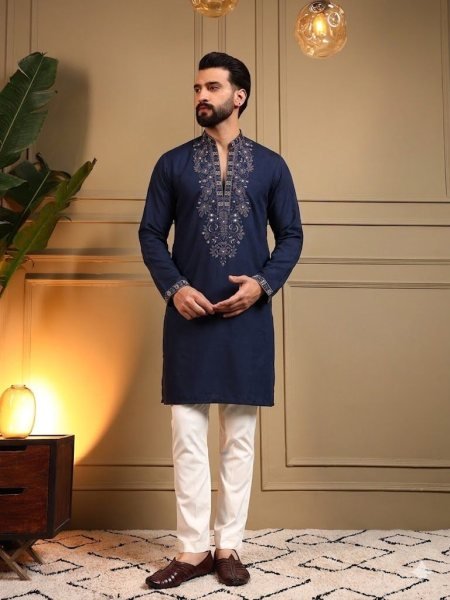 Organic Blue Designer Men Star Silk Kurta Pajama with Sequence Embroidery Work Kurta Pajama Wholesale
