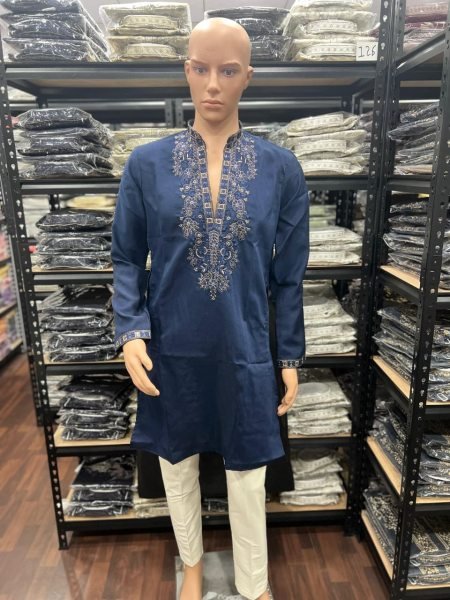 Organic Blue Designer Men Star Silk Kurta Pajama with Sequence Embroidery Work Kurta Pajama Wholesale