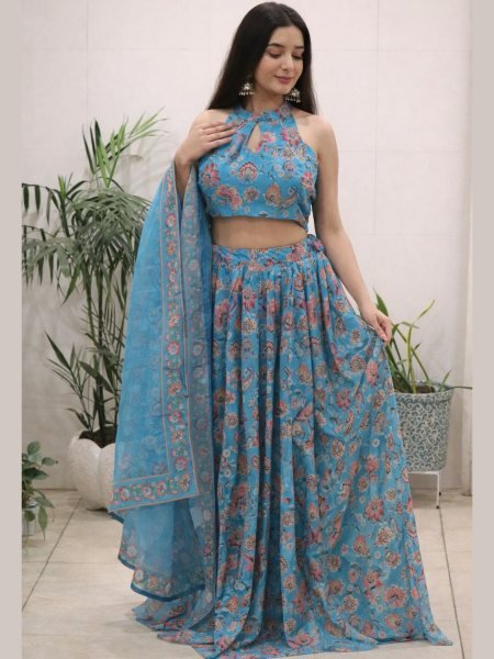 Organic Blue Organza Floral Printed Lehenga with Halter Neck Blouse for Party Wear  Lehenga