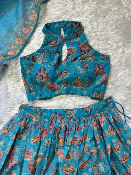 Organic Blue Organza Floral Printed Lehenga with Halter Neck Blouse for Party Wear Designer Lehenga Choli