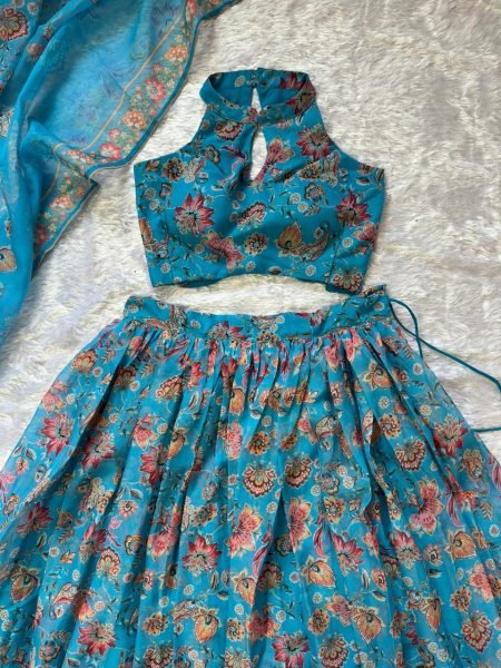 Organic Blue Organza Floral Printed Lehenga with Halter Neck Blouse for Party Wear Designer Lehenga Choli