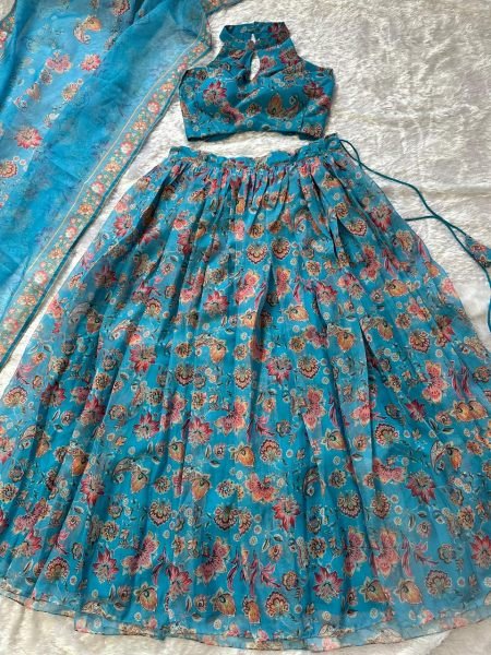 Organic Blue Organza Floral Printed Lehenga with Halter Neck Blouse for Party Wear Designer Lehenga Choli