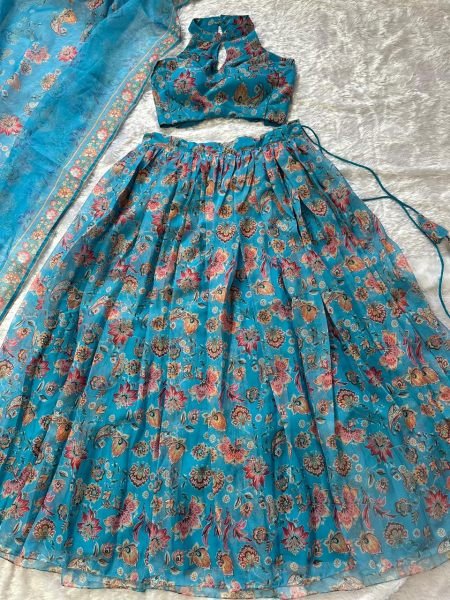 Organic Blue Organza Floral Printed Lehenga with Halter Neck Blouse for Party Wear Designer Lehenga Choli
