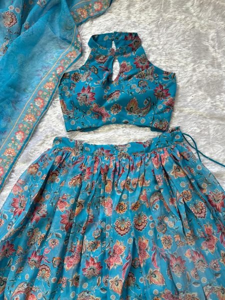 Organic Blue Organza Floral Printed Lehenga with Halter Neck Blouse for Party Wear Designer Lehenga Choli
