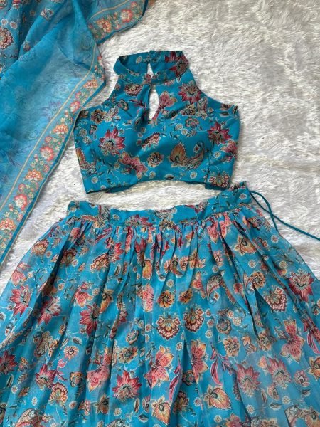 Organic Blue Organza Floral Printed Lehenga with Halter Neck Blouse for Party Wear Designer Lehenga Choli