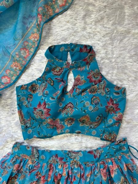 Organic Blue Organza Floral Printed Lehenga with Halter Neck Blouse for Party Wear Designer Lehenga Choli
