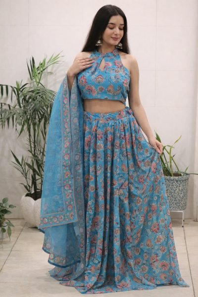 Organic Blue Organza Floral Printed Lehenga with Halter Neck Blouse for Party Wear Designer Lehenga Choli