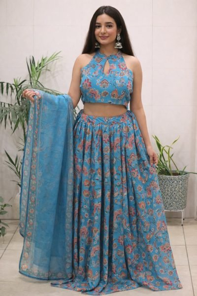 Organic Blue Organza Floral Printed Lehenga with Halter Neck Blouse for Party Wear Designer Lehenga Choli