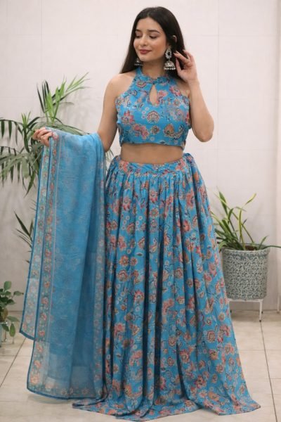 Organic Blue Organza Floral Printed Lehenga with Halter Neck Blouse for Party Wear Designer Lehenga Choli