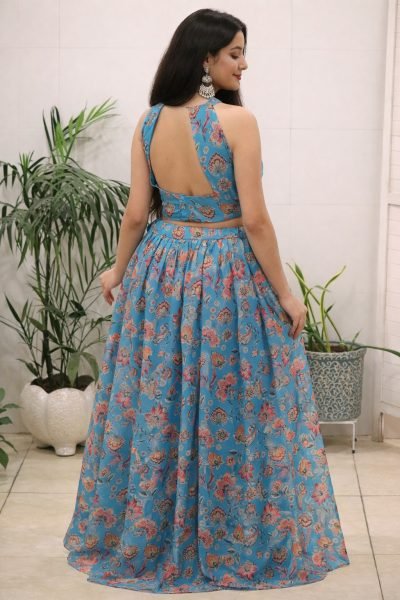 Organic Blue Organza Floral Printed Lehenga with Halter Neck Blouse for Party Wear Designer Lehenga Choli
