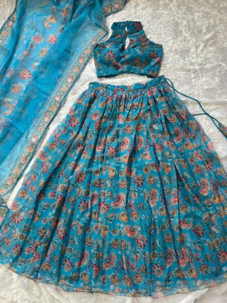 Organic Blue Organza Floral Printed Lehenga with Halter Neck Blouse for Party Wear Designer Lehenga Choli