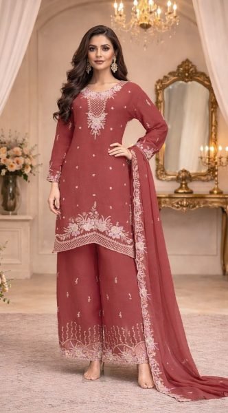 Organic Coral Pink Premium Embroidered Palazzo Set for Festive and Occasion Wear Designer Plazzo Salwar Suits Wholesale