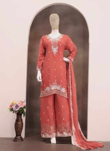 Organic Coral Pink Premium Embroidered Palazzo Set for Festive and Occasion Wear Designer Plazzo Salwar Suits Wholesale
