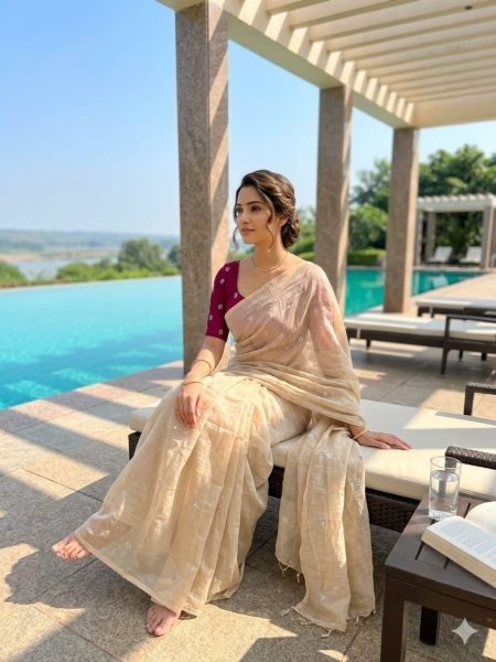 Organic Cream Fandy Satin Saree with Embroidery for Party Wear Women Sarees 
