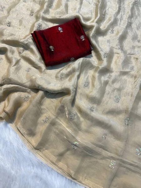 Organic Cream Fandy Satin Saree with Embroidery for Party Wear Women Embroidery Sarees Wholesale