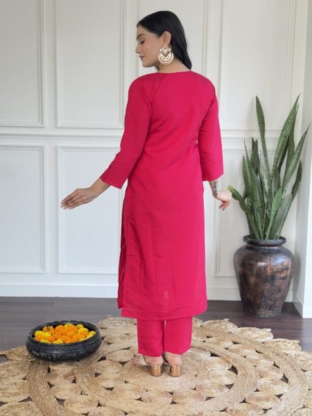Organic Embroidered Kurti Set | Chanderi Fabric with Printed Dupatta  3 Piece Kurti Set
