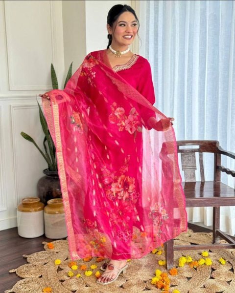 Organic Embroidered Kurti Set | Chanderi Fabric with Printed Dupatta  3 Piece Kurti Set