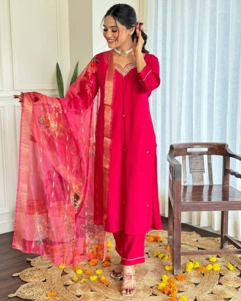 Organic Embroidered Kurti Set | Chanderi Fabric with Printed Dupatta  3 Piece Kurti Set