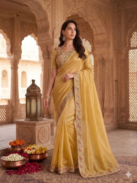 Organic Golden Designer Burberry Silk Saree with Handwork Blouse at Wholesale Rate Sarees 
