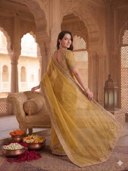 Organic Golden Designer Burberry Silk Saree with Handwork Blouse at Wholesale Rate Designer Wedding Sarees Wholesale