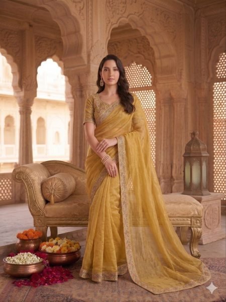 Organic Golden Designer Burberry Silk Saree with Handwork Blouse at Wholesale Rate Designer Wedding Sarees Wholesale