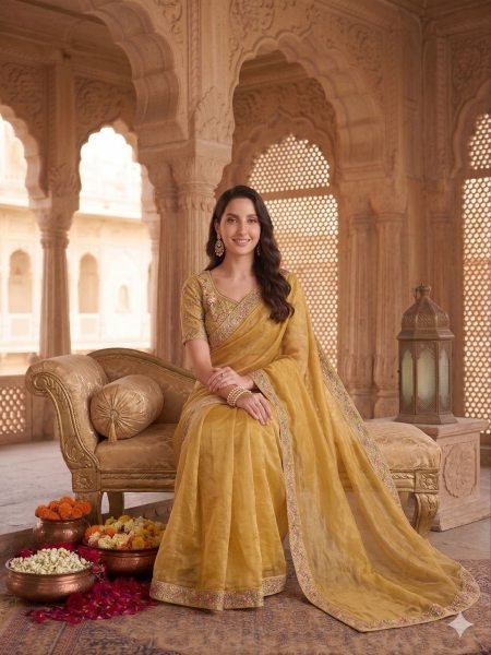 Organic Golden Designer Burberry Silk Saree with Handwork Blouse at Wholesale Rate Designer Wedding Sarees Wholesale