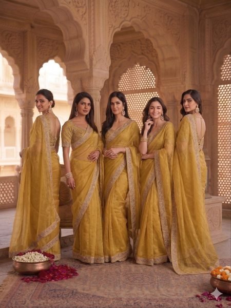 Organic Golden Designer Burberry Silk Saree with Handwork Blouse at Wholesale Rate Designer Wedding Sarees Wholesale